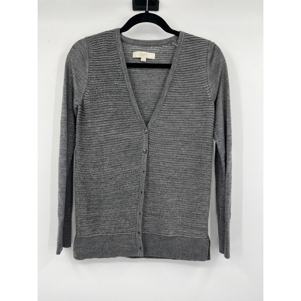 Loft Ann Taylor Womens Grey Metallic Textured V-Neck Button Cardigan Sweater S